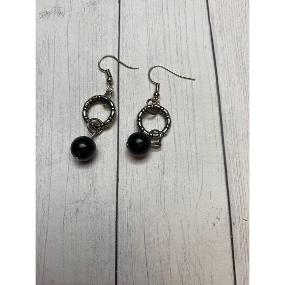 Unbranded Jewelry - Silver Tone Hoop Dangle Earrings with Black Bead Drop 1.5 Inch